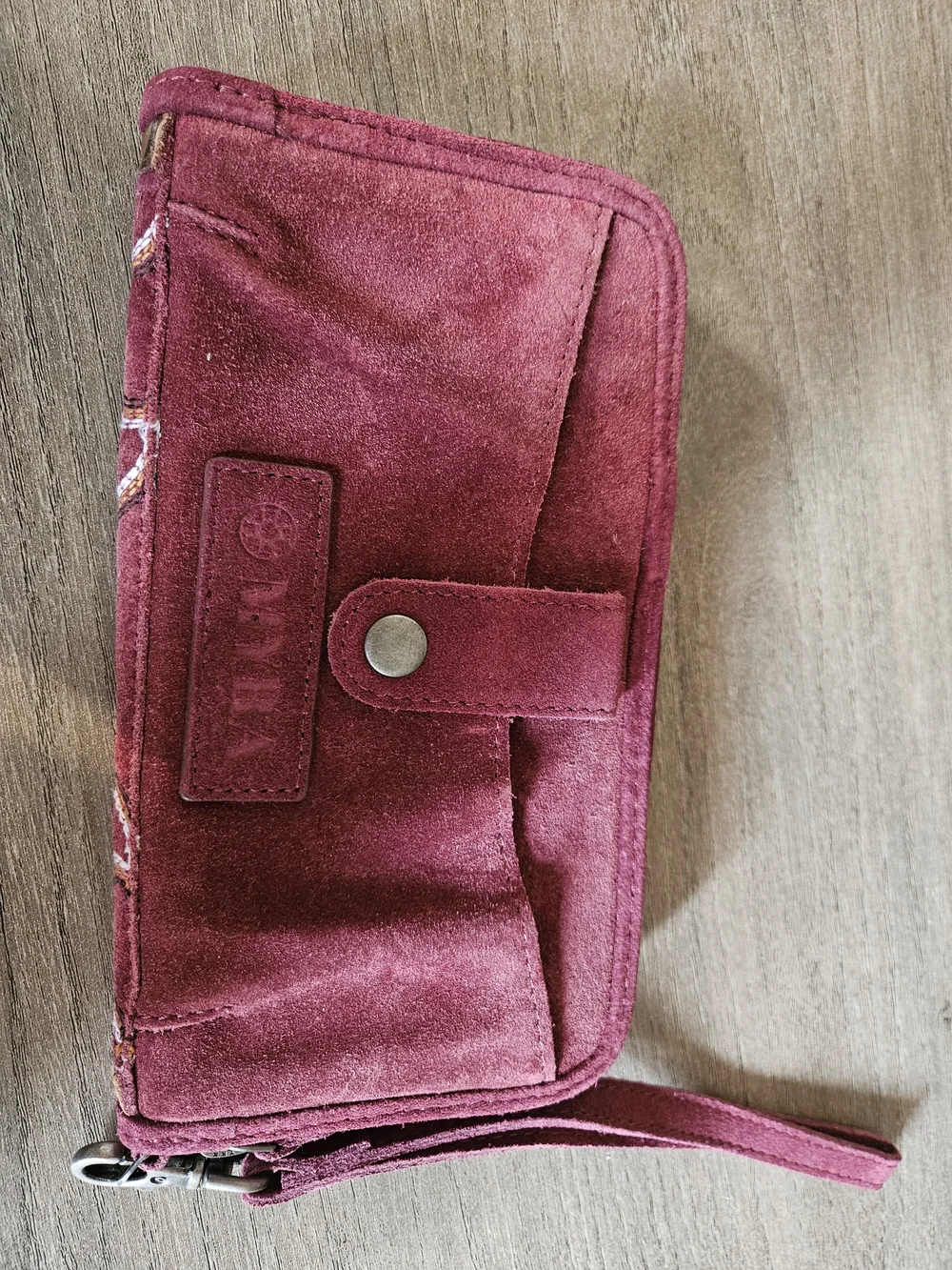 Myra Electric Desert Wine Wallet/ Wristlet featuring a rich wine-colored suede